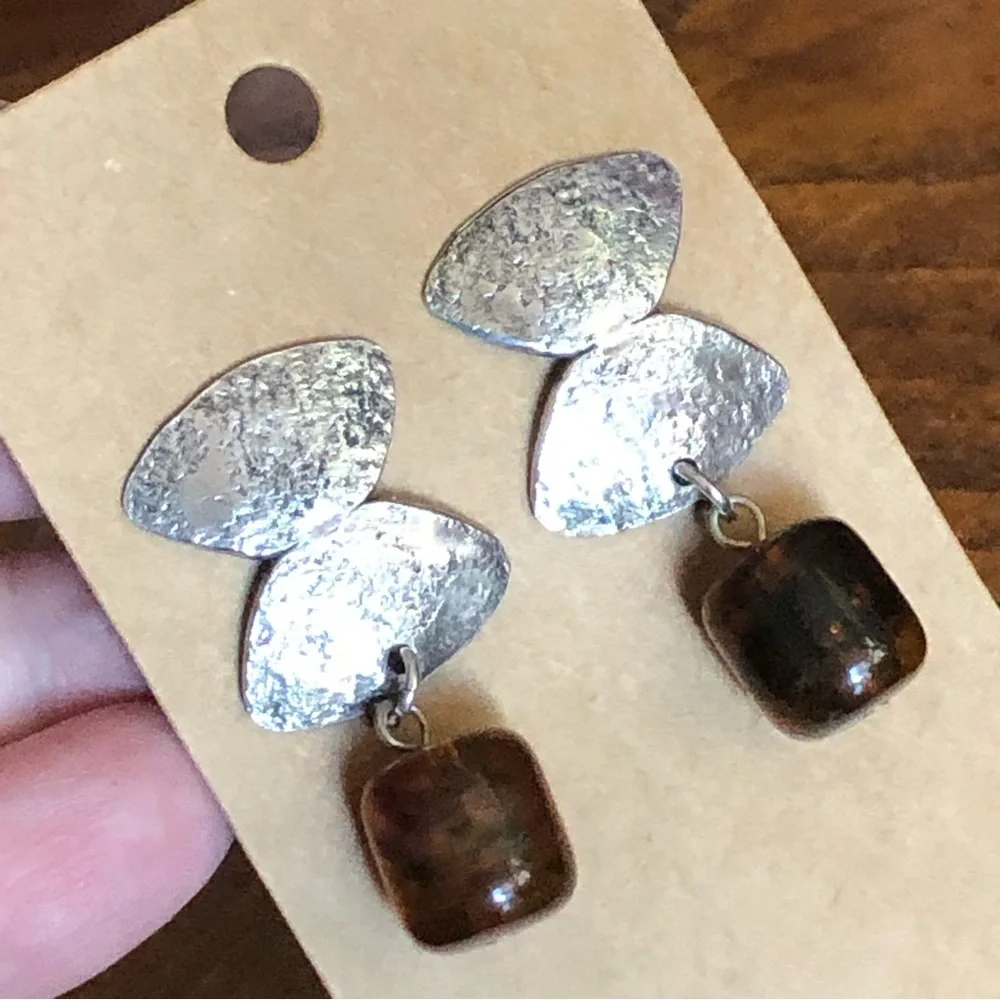 Marjorie Baer modernist textured sterling silver amber dangle earrings